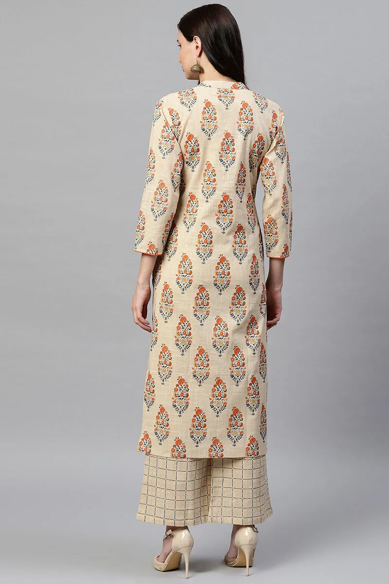 Beige Cotton Ethnic Motifs Kurta Set