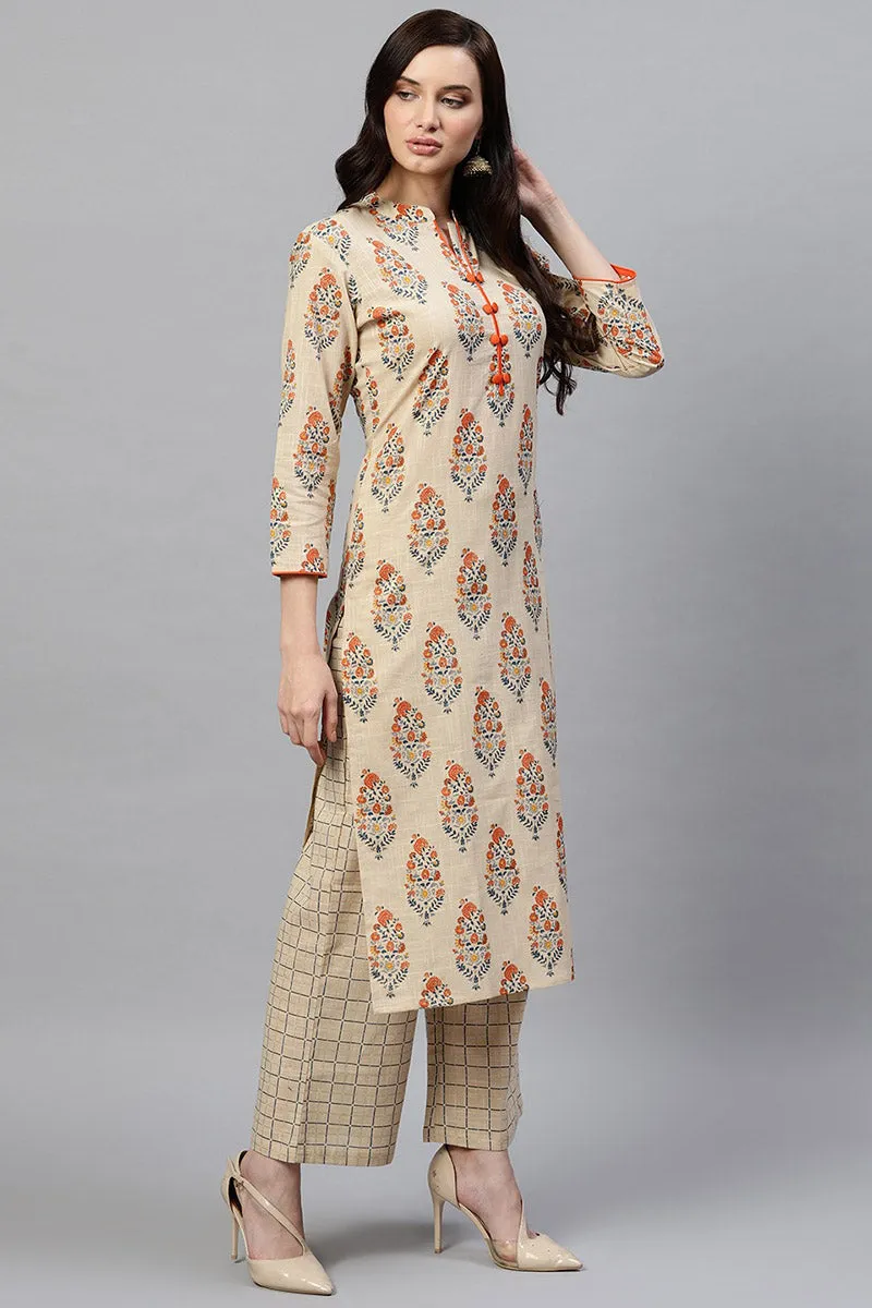 Beige Cotton Ethnic Motifs Kurta Set