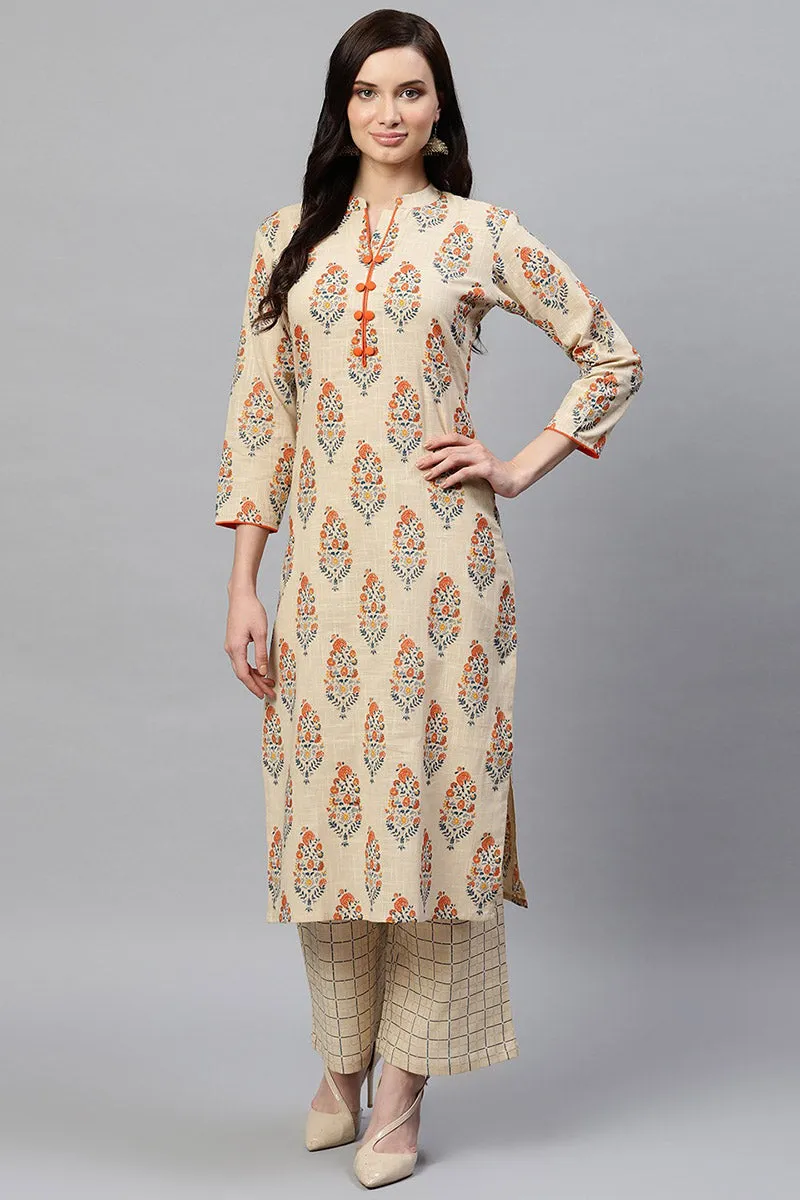 Beige Cotton Ethnic Motifs Kurta Set