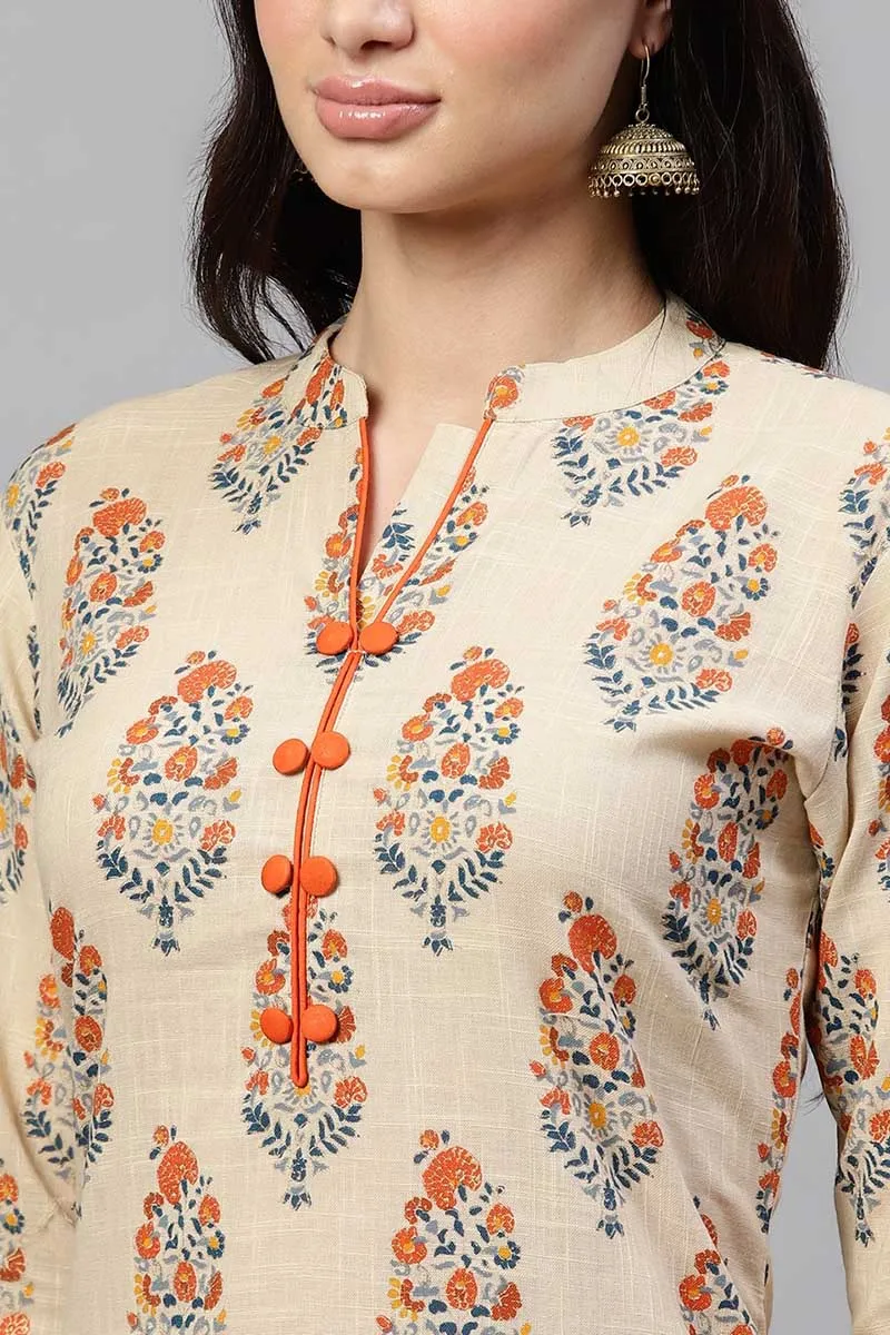 Beige Cotton Ethnic Motifs Kurta Set
