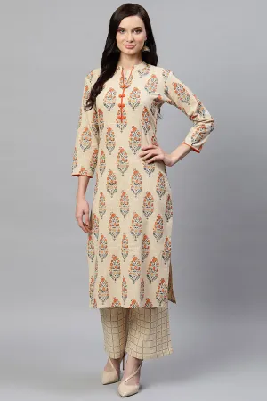 Beige Cotton Ethnic Motifs Kurta Set