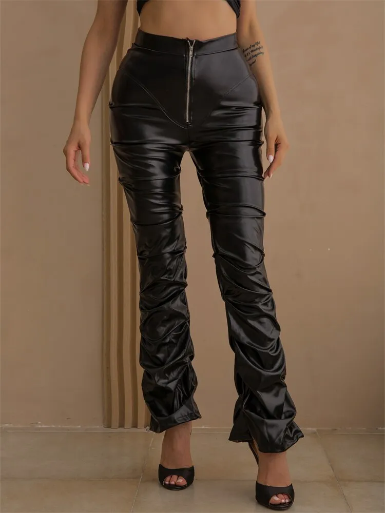 BerriesJam - 2024 Pleated Sexy Aesthetic High Waist Leather Pants