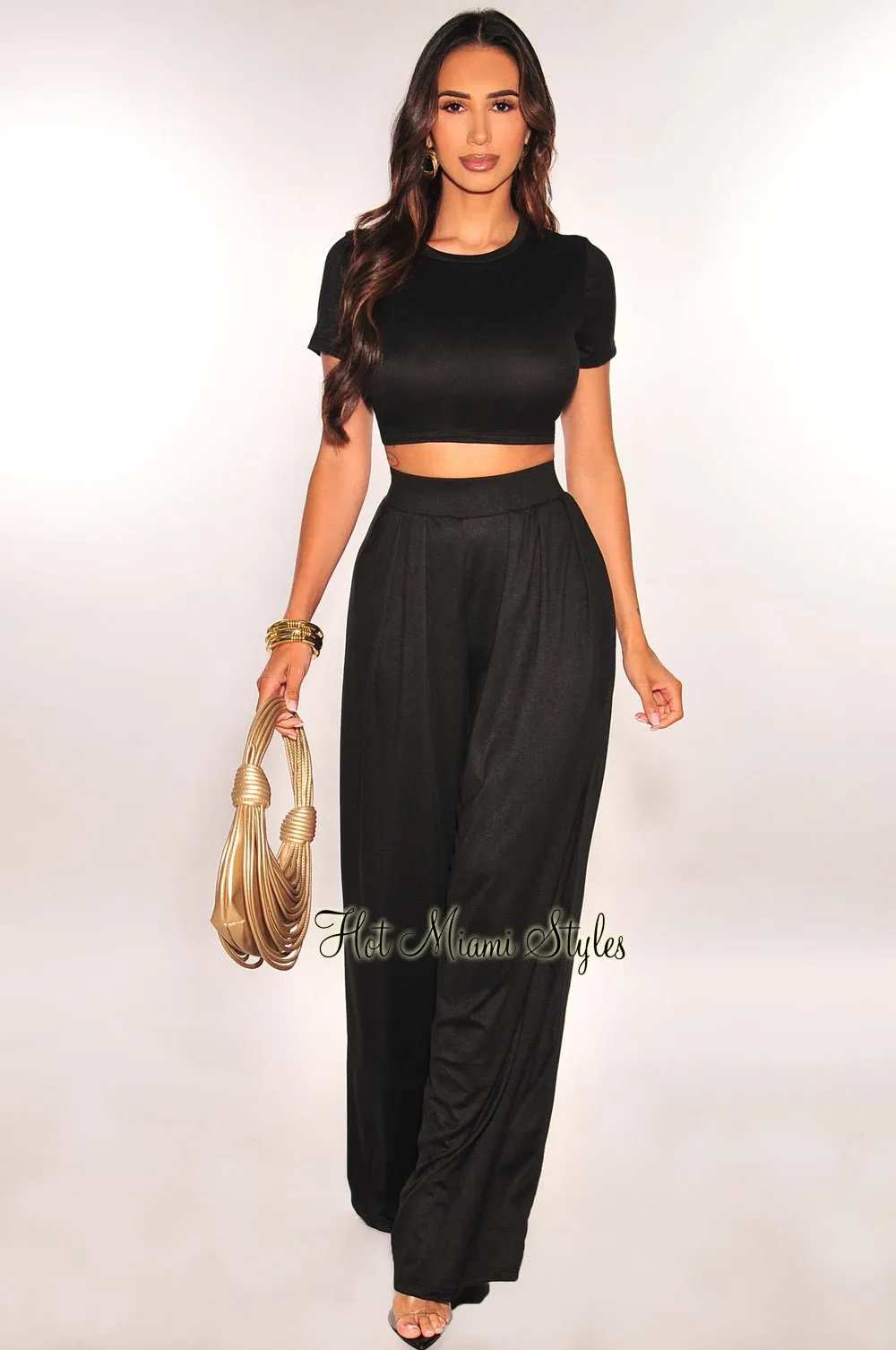 Black Short Sleeve Cropped High Waist Pleated Wide Leg Pants Two Piece Set