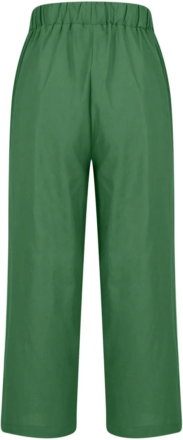 Cotton Linen Pants Women Summer Elastic Waist Crop Pants with Pocket Plus Size Straight Leg Slack Casual Trouser