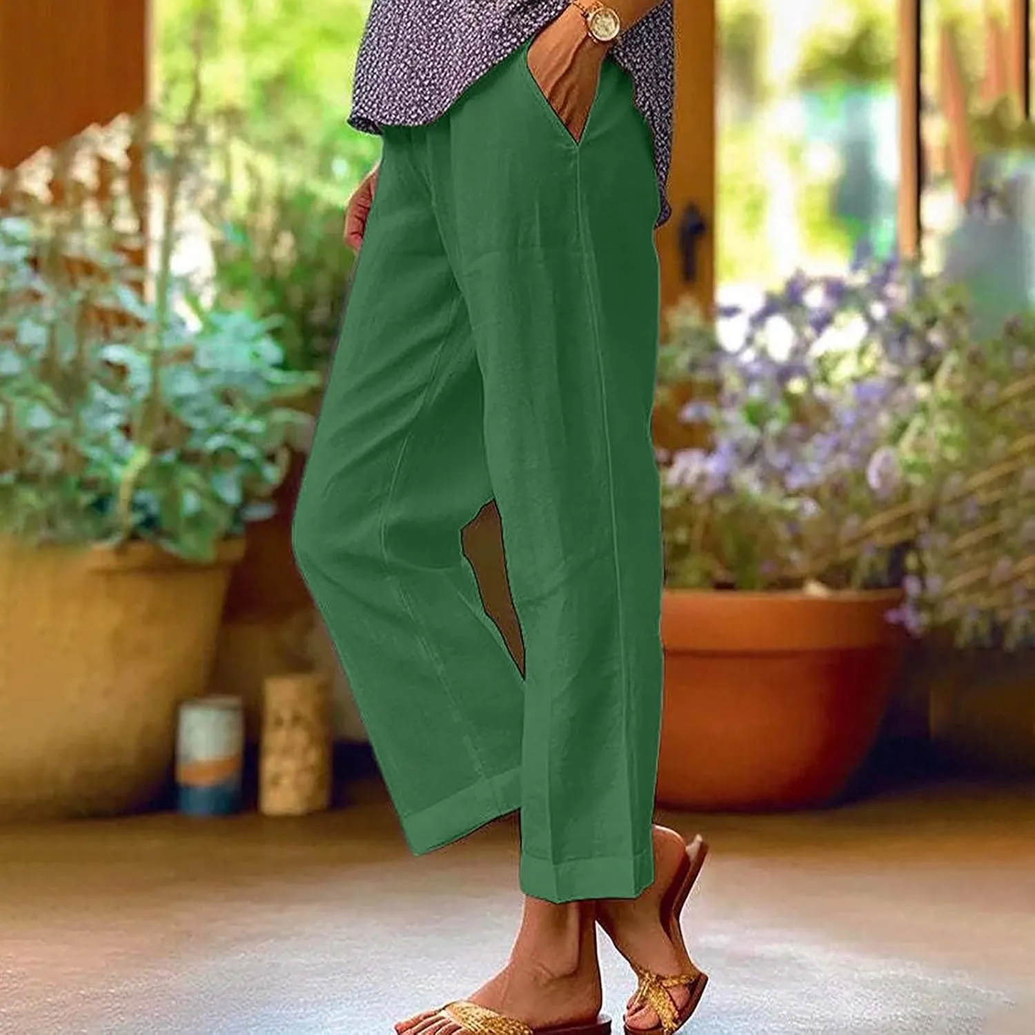 Cotton Linen Pants Women Summer Elastic Waist Crop Pants with Pocket Plus Size Straight Leg Slack Casual Trouser