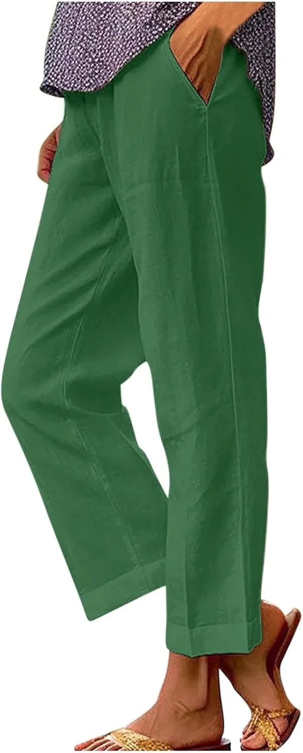 Cotton Linen Pants Women Summer Elastic Waist Crop Pants with Pocket Plus Size Straight Leg Slack Casual Trouser