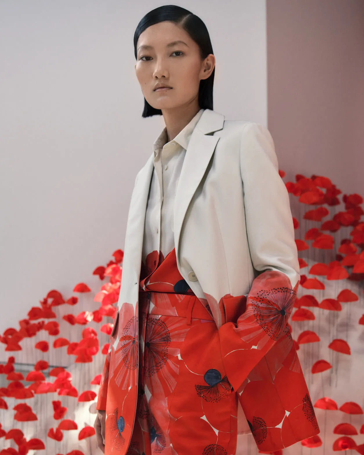Cotton Silk Double-Face Wide Leg Pants with Poppy Print
