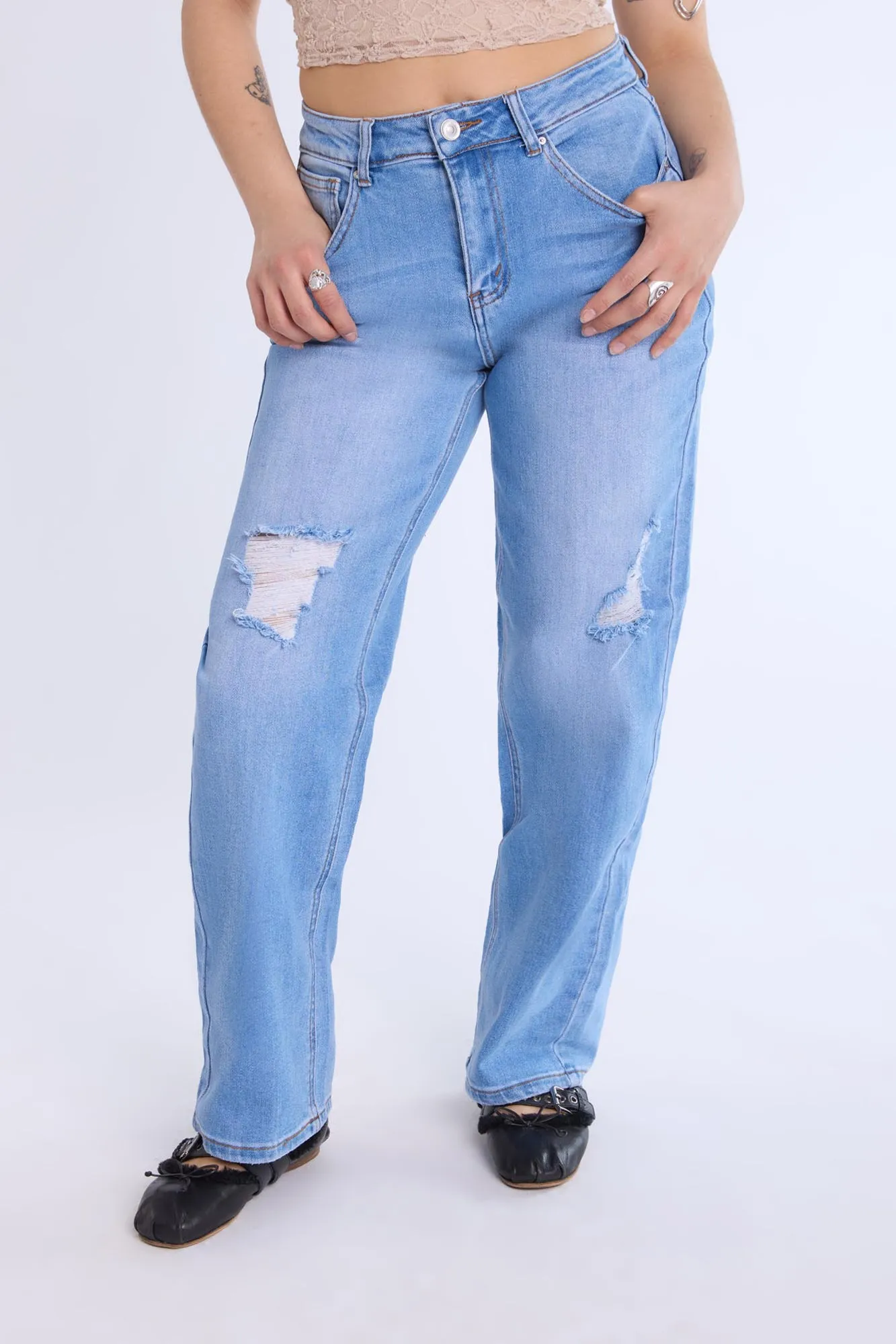 Distressed Straight Leg Jeans