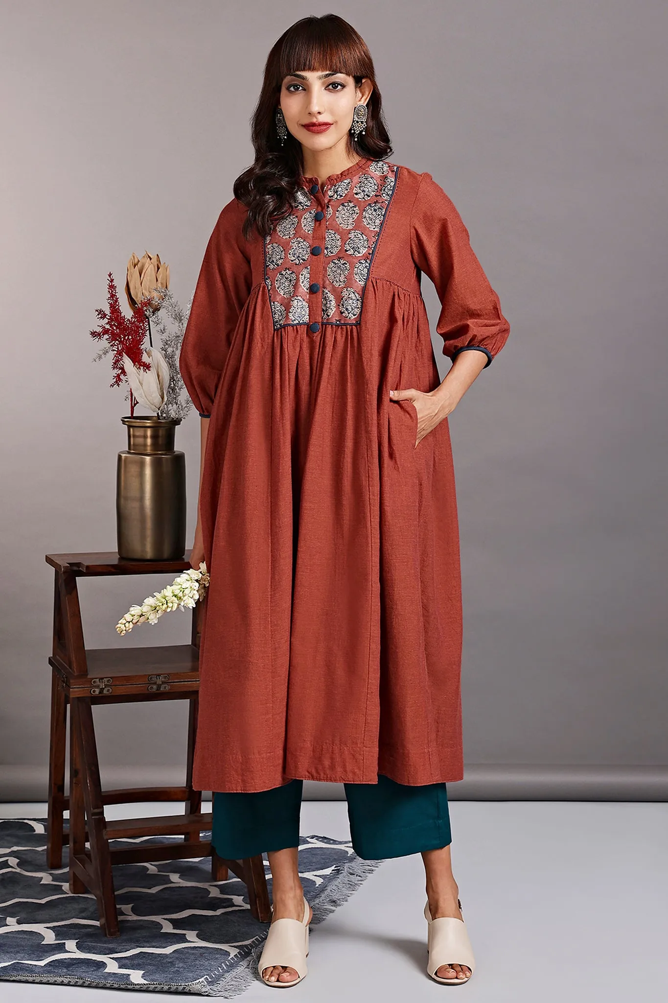 gather dress with yoke - bronze wreath & oriental poppy