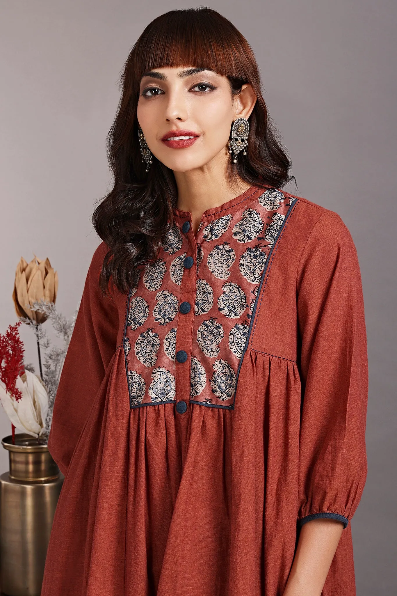 gather dress with yoke - bronze wreath & oriental poppy