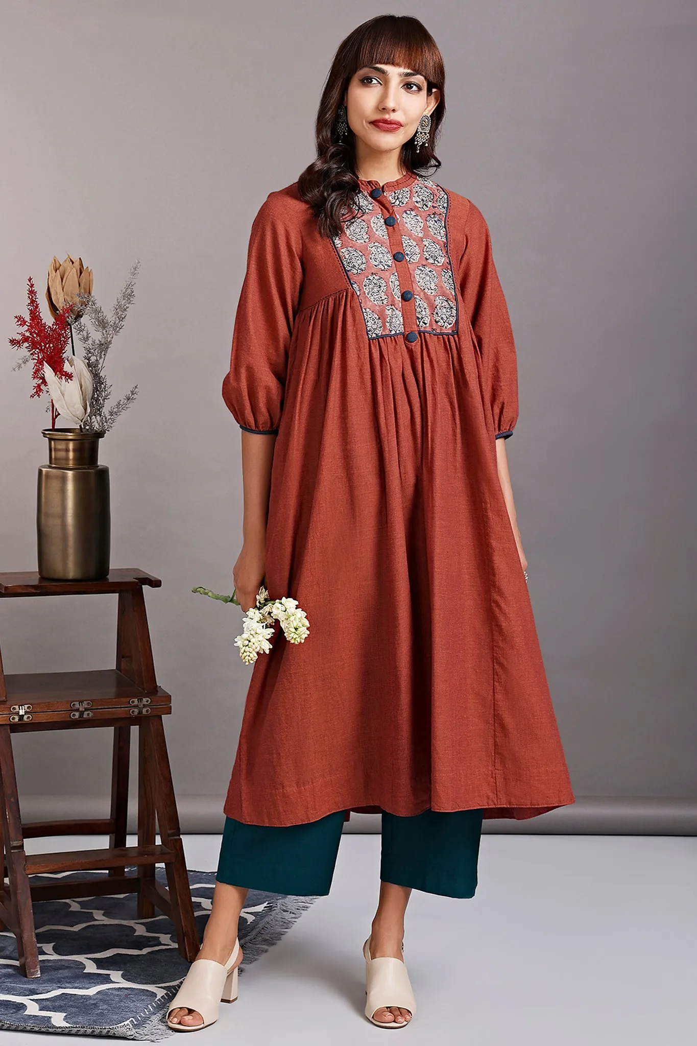 gather dress with yoke - bronze wreath & oriental poppy