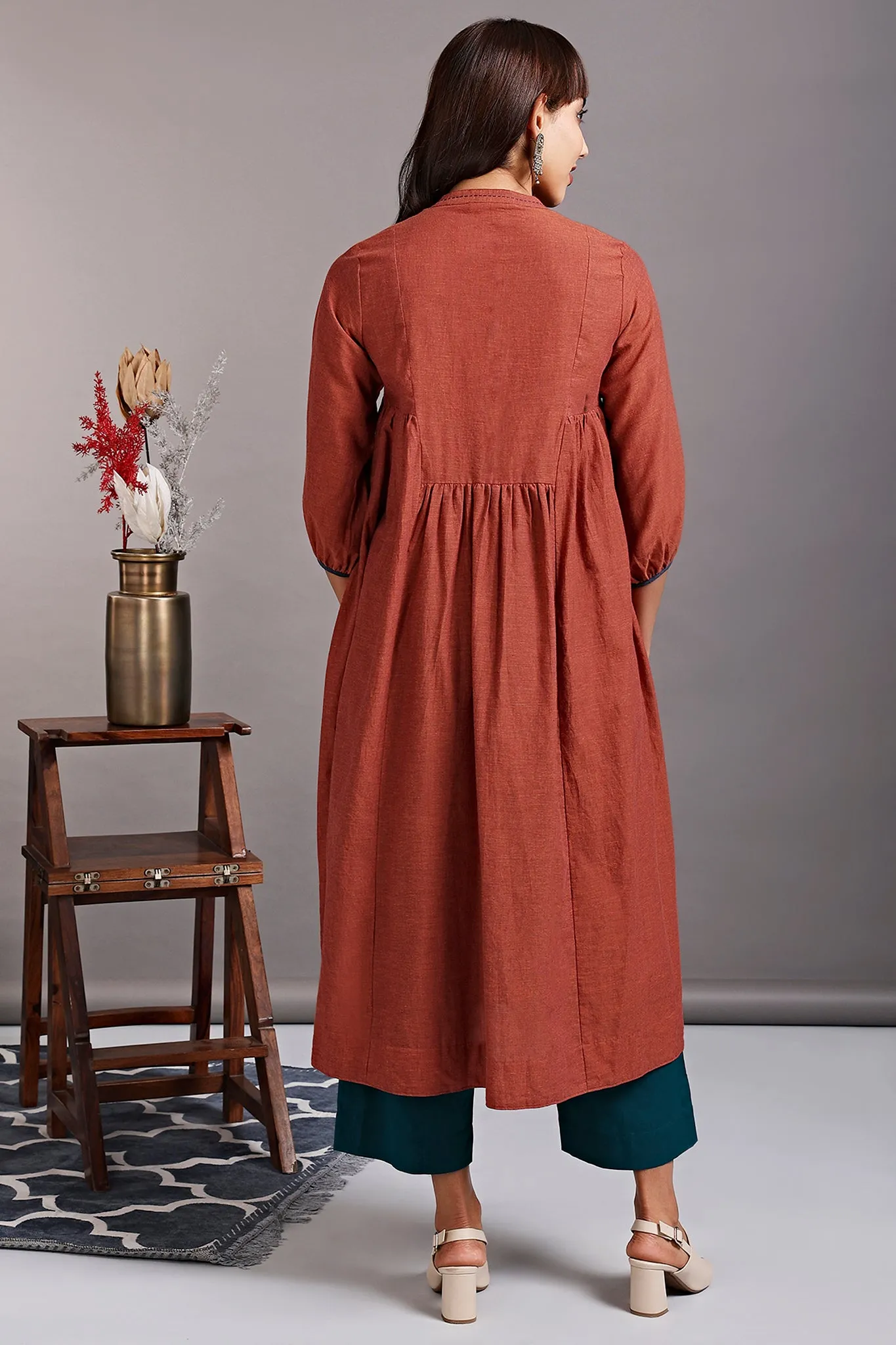 gather dress with yoke - bronze wreath & oriental poppy