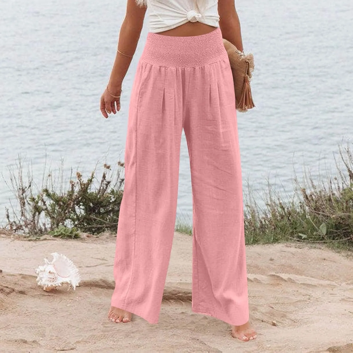 High Waisted Linen Pants Women Wide Leg Palazzo Pants Summer Smocked Casual Pant Work to Lounge Trousers with Pockets