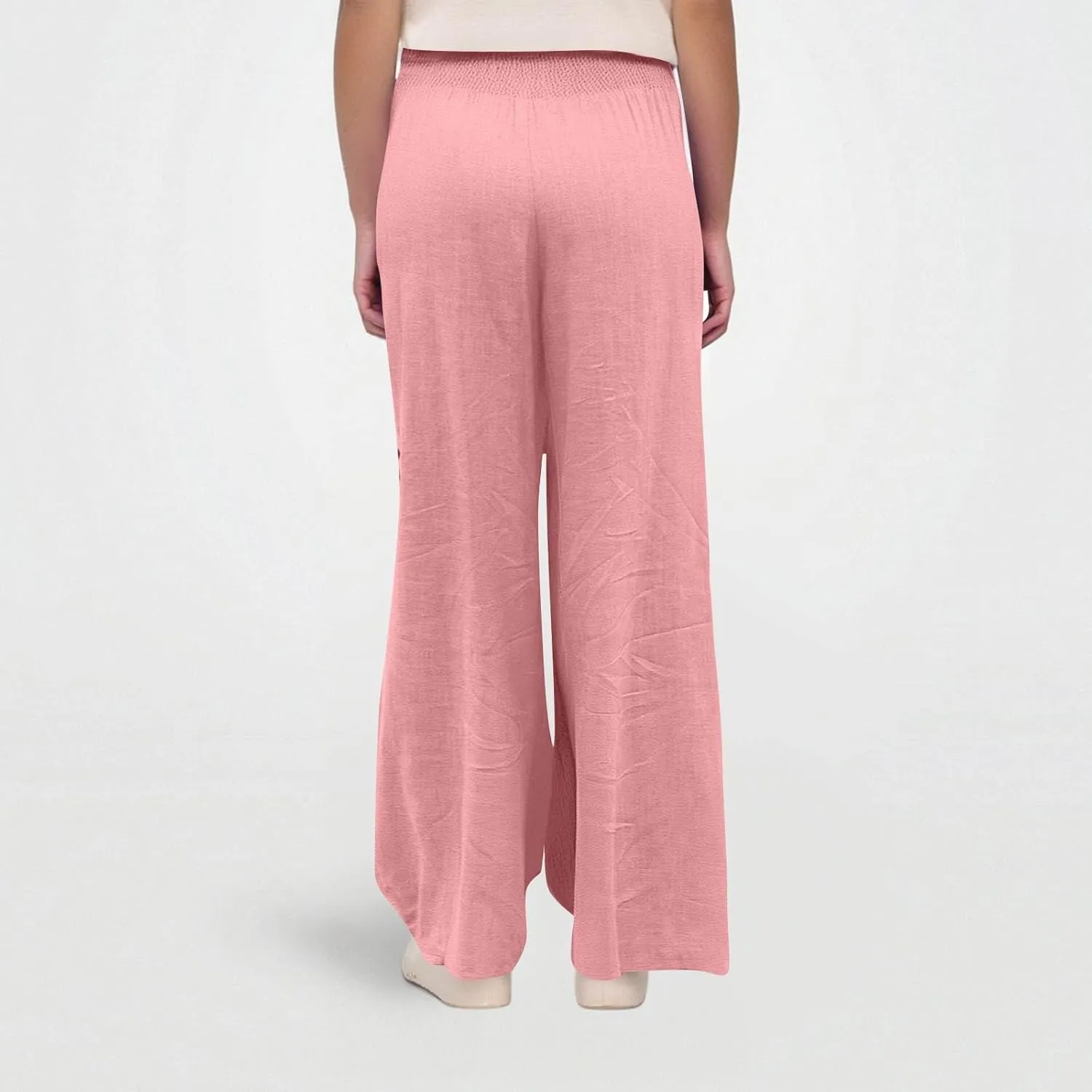 High Waisted Linen Pants Women Wide Leg Palazzo Pants Summer Smocked Casual Pant Work to Lounge Trousers with Pockets