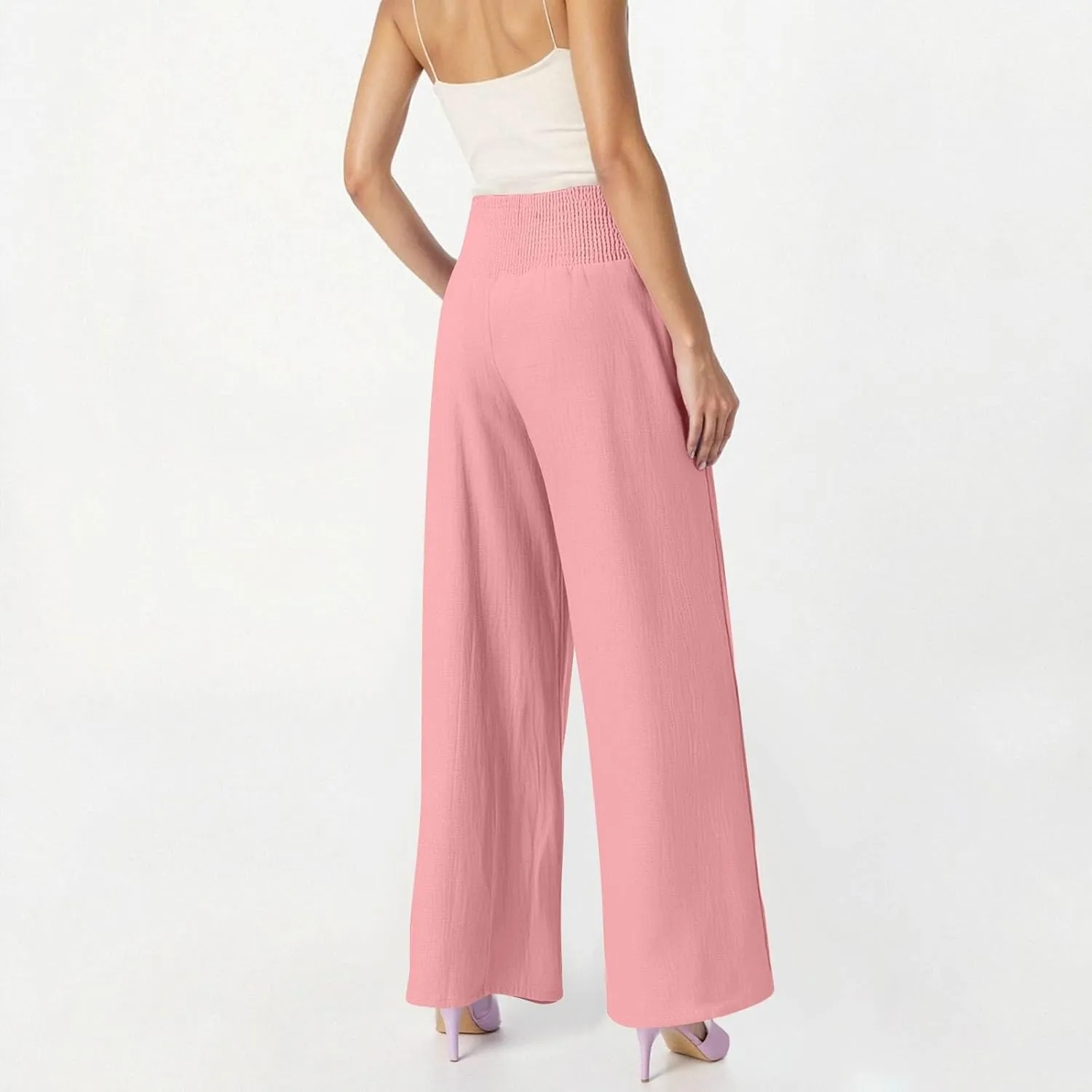 High Waisted Linen Pants Women Wide Leg Palazzo Pants Summer Smocked Casual Pant Work to Lounge Trousers with Pockets