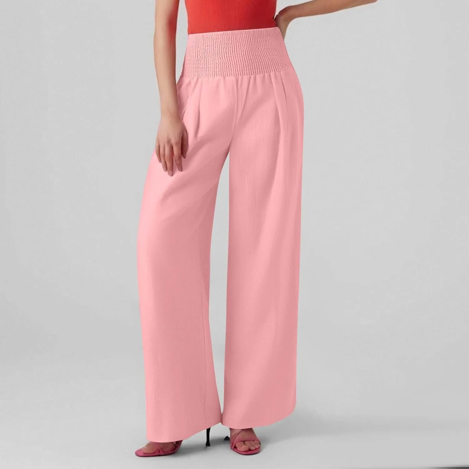 High Waisted Linen Pants Women Wide Leg Palazzo Pants Summer Smocked Casual Pant Work to Lounge Trousers with Pockets