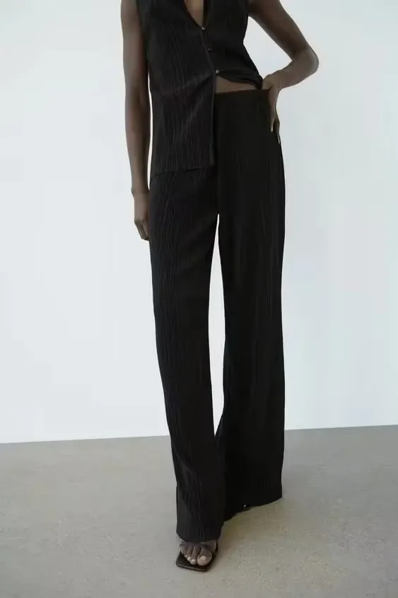 Ice Silk Crumpled Straight Leg Pants Women Clothing Summer Casual