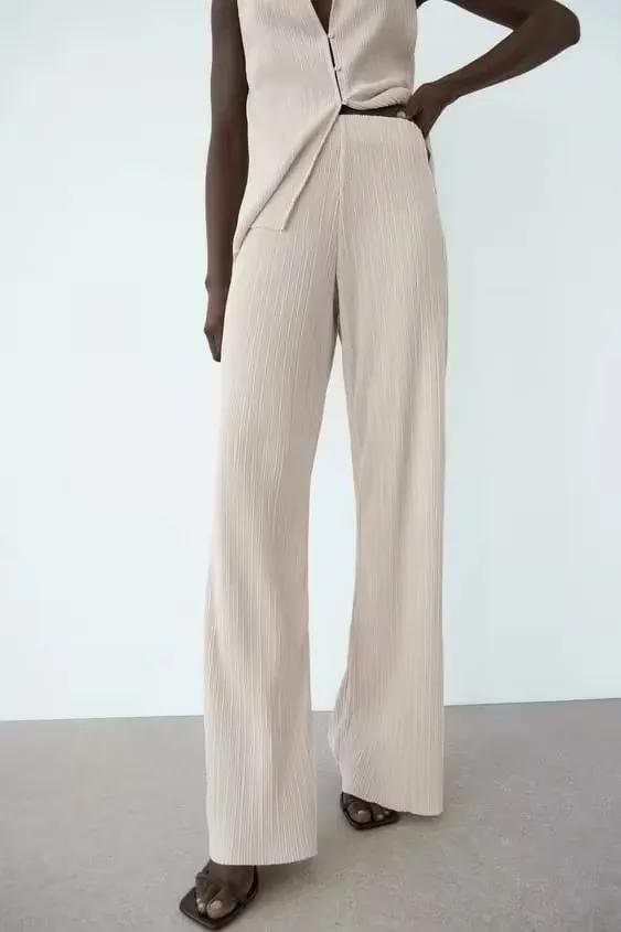 Ice Silk Crumpled Straight Leg Pants Women Clothing Summer Casual