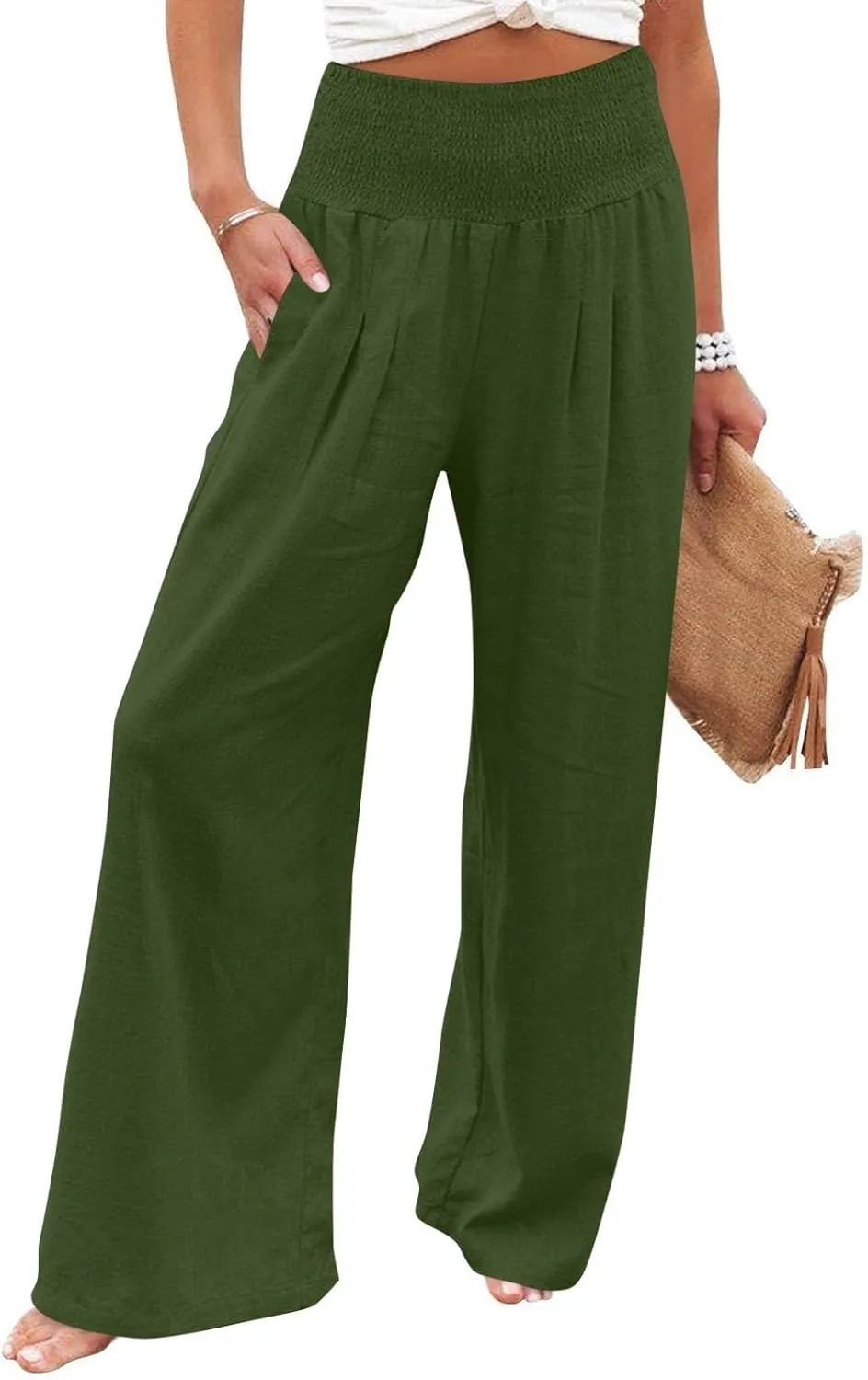 Lightweight Linen Pants Women Palazzo Pants Summer Smocked High Waisted Wide Leg Pant Fashion Trousers with Pockets