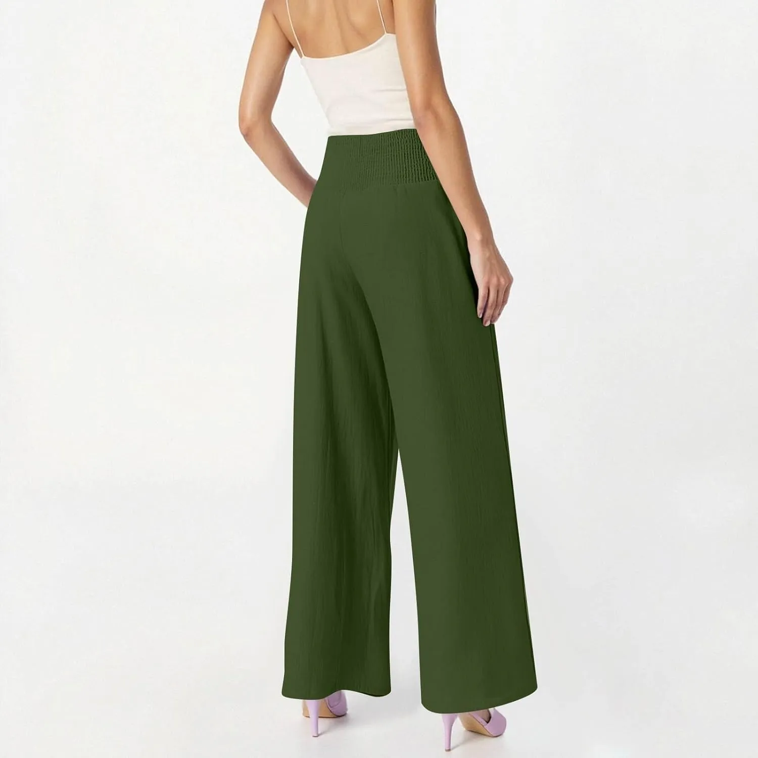 Lightweight Linen Pants Women Palazzo Pants Summer Smocked High Waisted Wide Leg Pant Fashion Trousers with Pockets