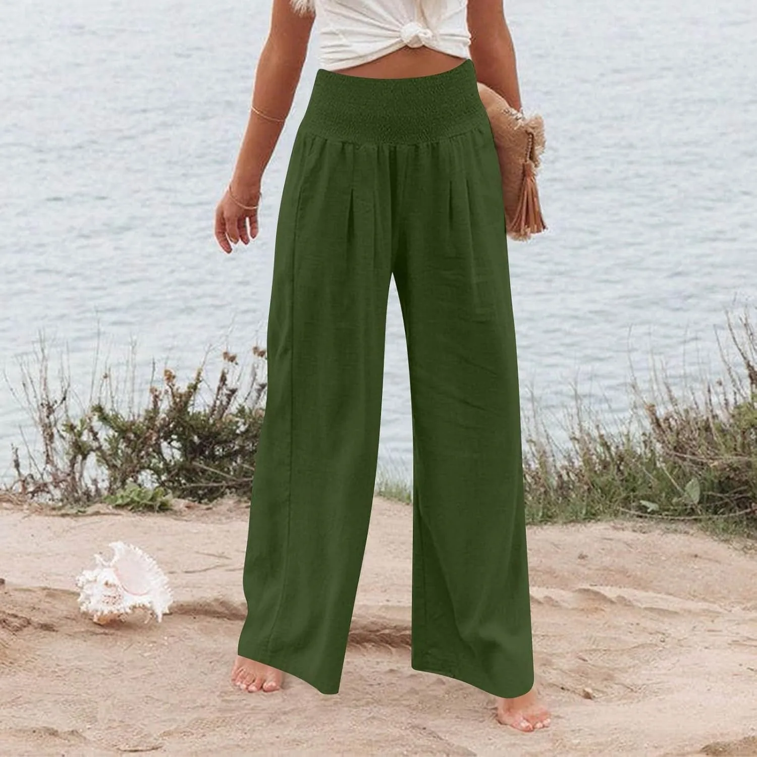 Lightweight Linen Pants Women Palazzo Pants Summer Smocked High Waisted Wide Leg Pant Fashion Trousers with Pockets