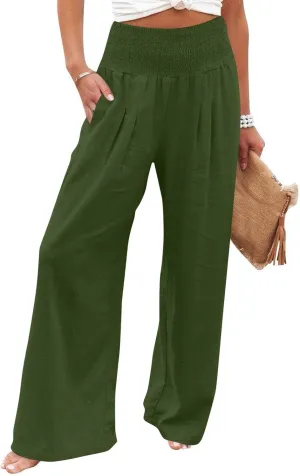 Lightweight Linen Pants Women Palazzo Pants Summer Smocked High Waisted Wide Leg Pant Fashion Trousers with Pockets