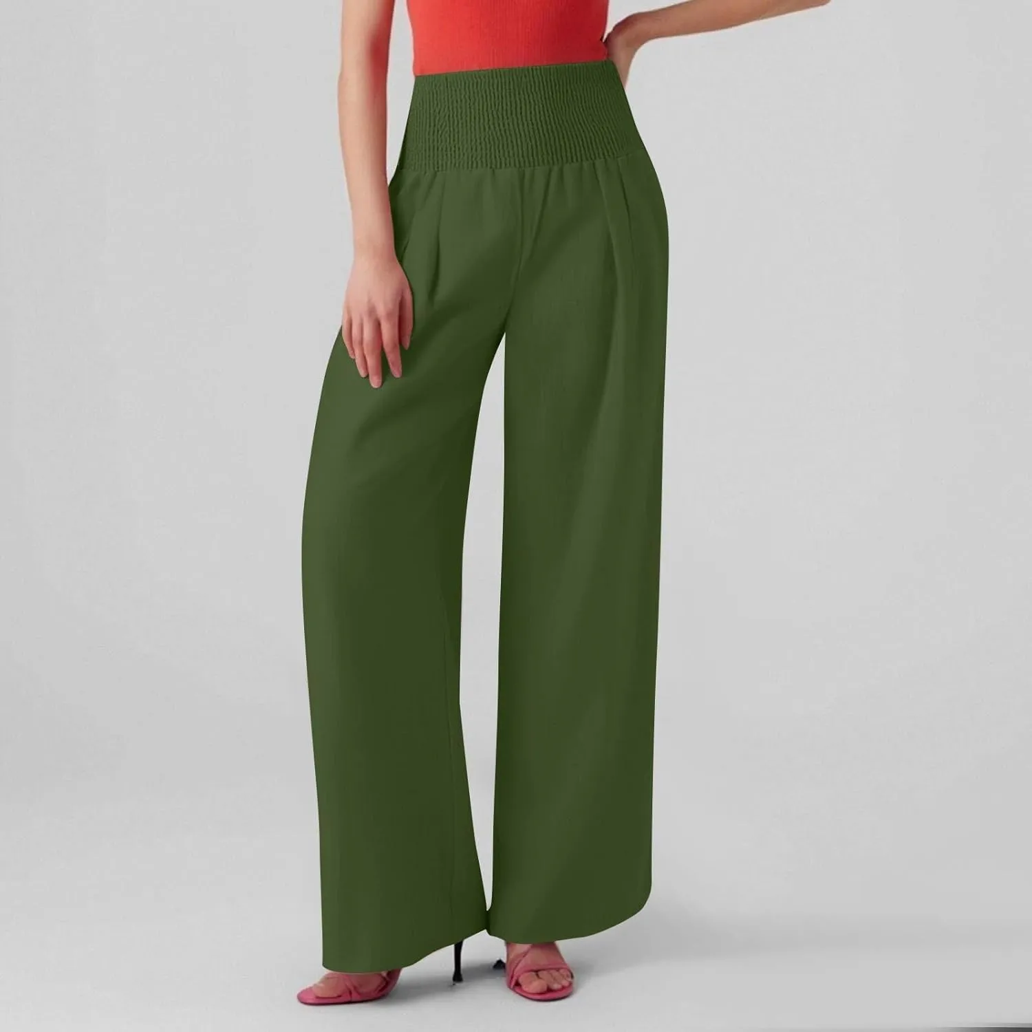 Lightweight Linen Pants Women Palazzo Pants Summer Smocked High Waisted Wide Leg Pant Fashion Trousers with Pockets