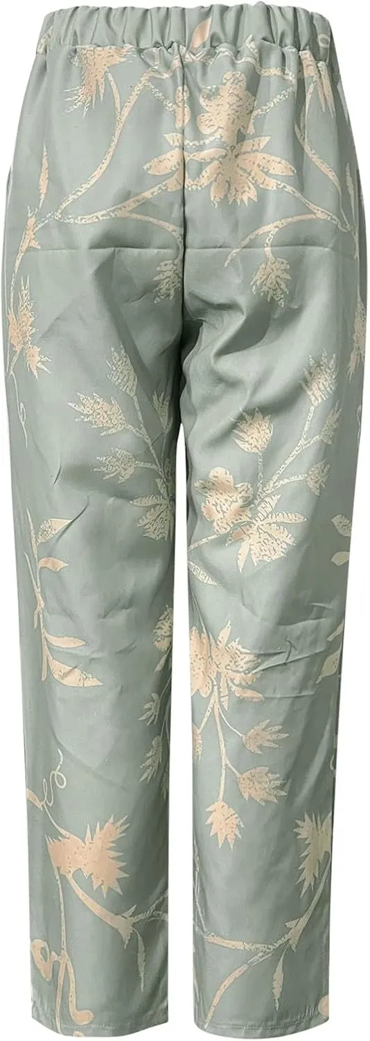 Linen Pants for Women 2025 Summer Casual Drawstring Elastic Trouser Plus Size Lounge Cropped Soft Pants with Pockets