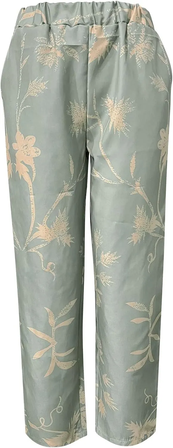 Linen Pants for Women 2025 Summer Casual Drawstring Elastic Trouser Plus Size Lounge Cropped Soft Pants with Pockets