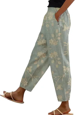 Linen Pants for Women 2025 Summer Casual Drawstring Elastic Trouser Plus Size Lounge Cropped Soft Pants with Pockets