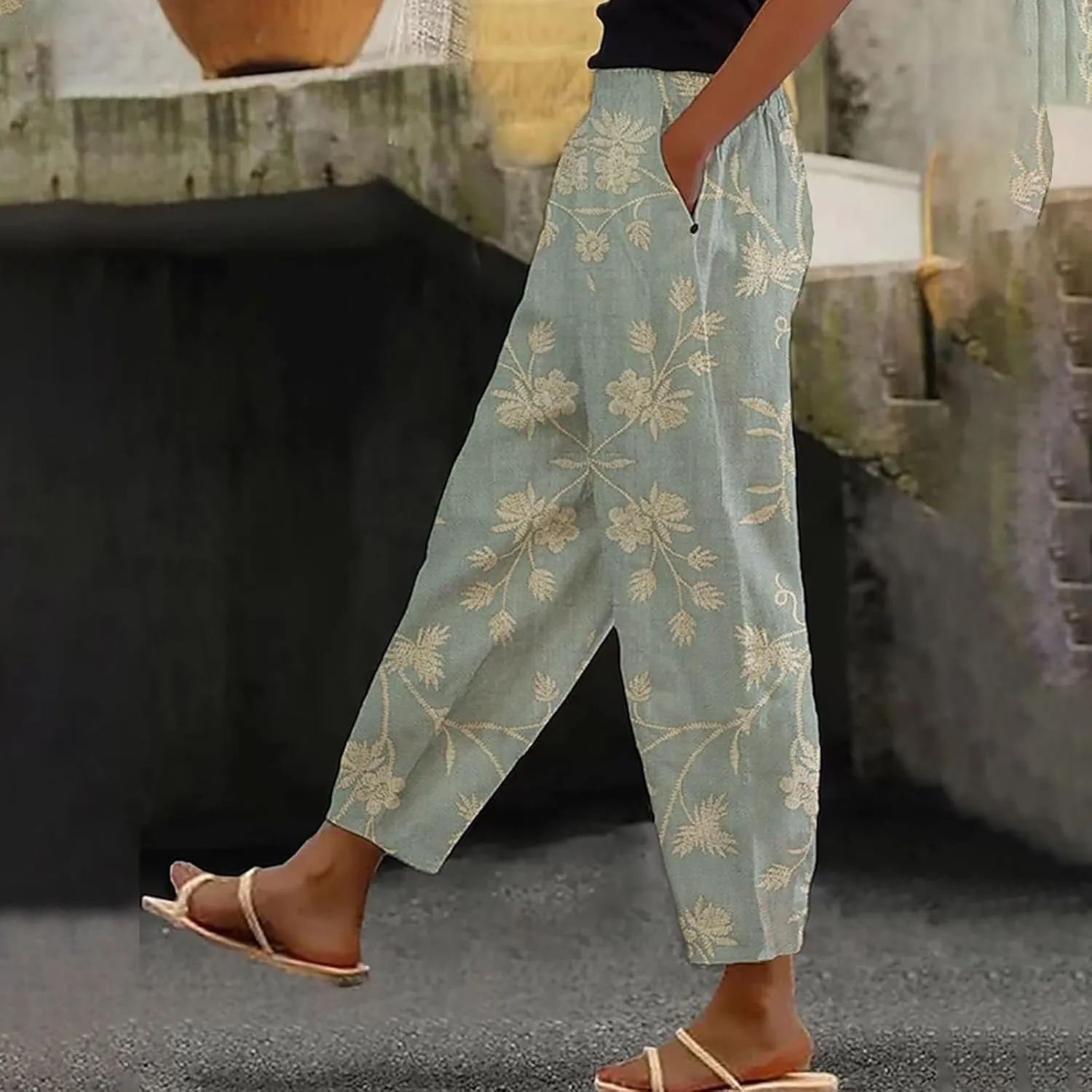Linen Pants for Women 2025 Summer Casual Drawstring Elastic Trouser Plus Size Lounge Cropped Soft Pants with Pockets