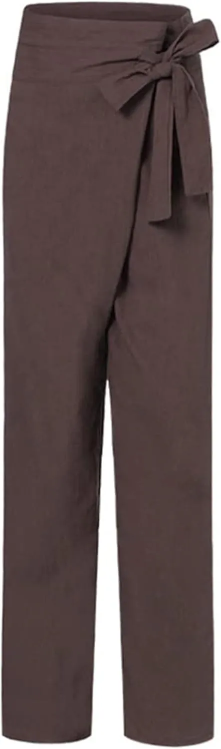 Linen Pants for Women Casual Summer High Waisted Wide Leg Belted Lounge Pants Lounge Solid Beach Trousers with Pocket