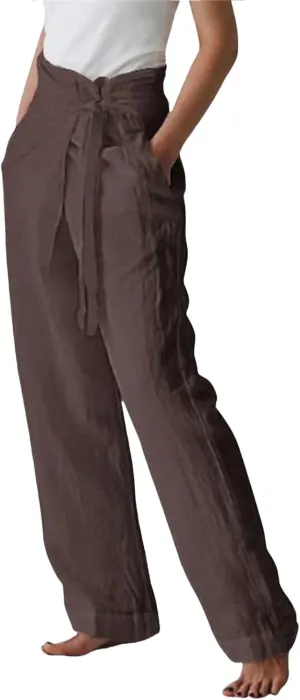 Linen Pants for Women Casual Summer High Waisted Wide Leg Belted Lounge Pants Lounge Solid Beach Trousers with Pocket
