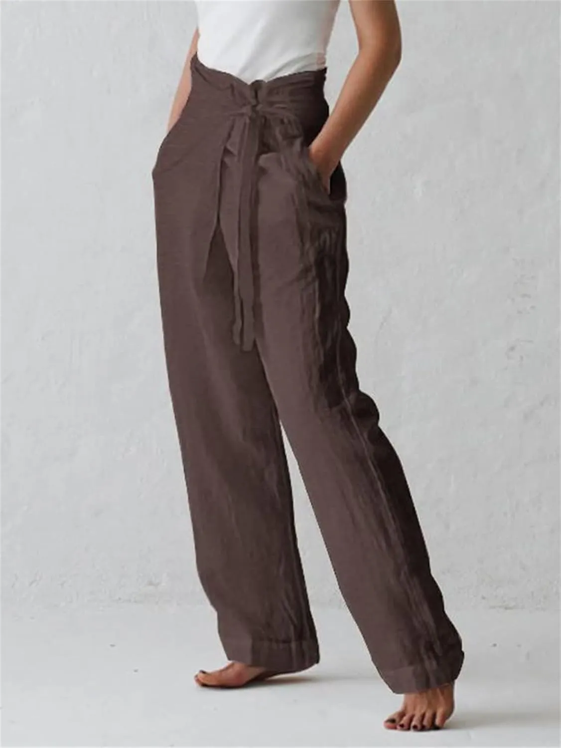 Linen Pants for Women Casual Summer High Waisted Wide Leg Belted Lounge Pants Lounge Solid Beach Trousers with Pocket