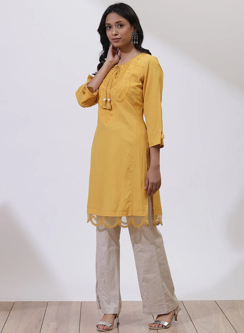 Mustard A-Line Kurta with Delicate Embroidery