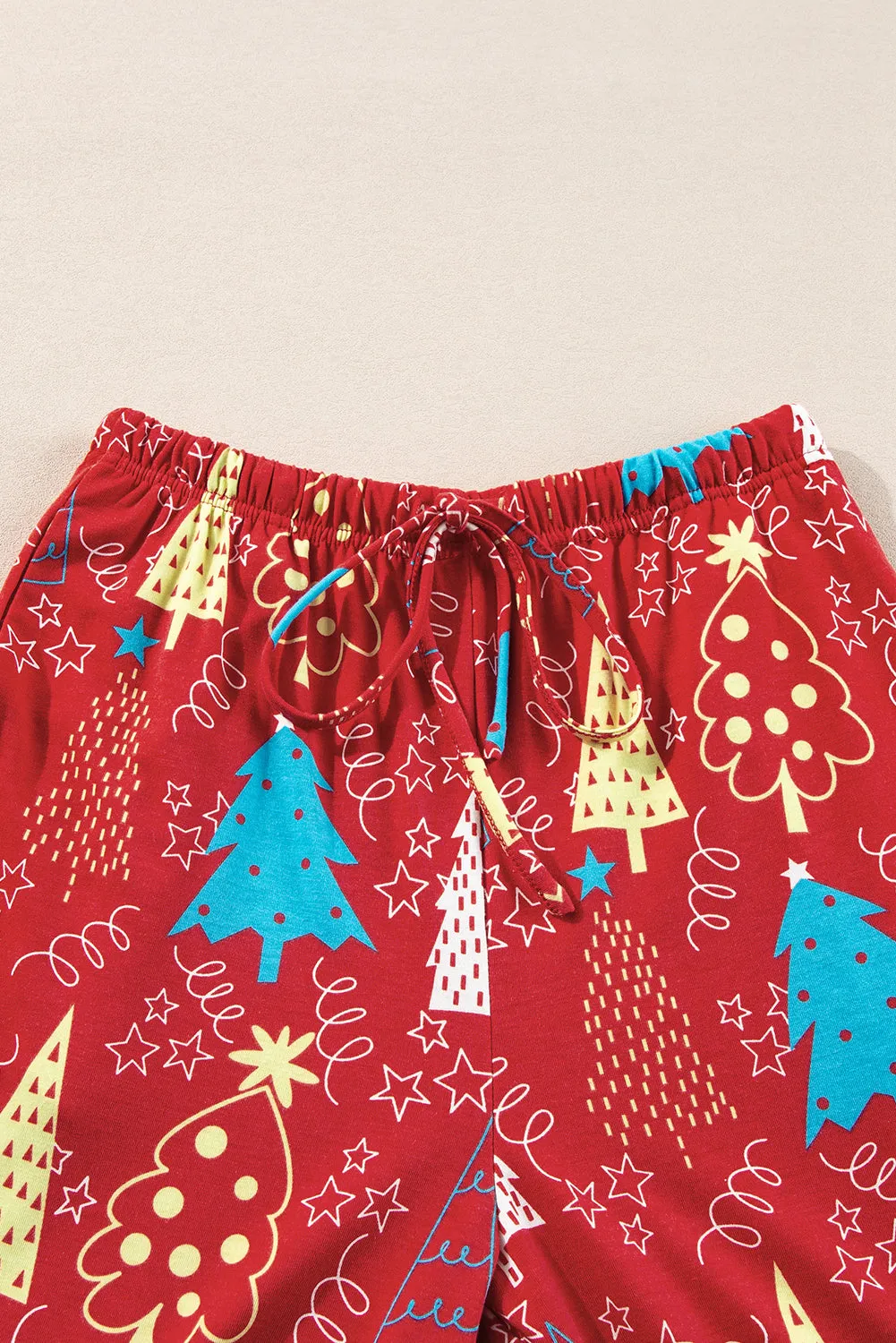 Red Christmas Tree Print V Neck Tee and Pants Lounge Set