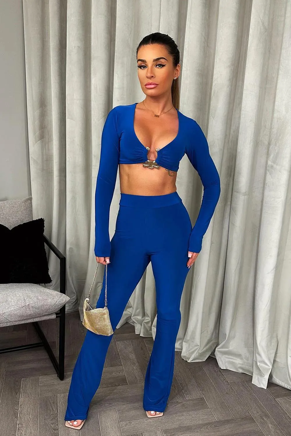 RENA BLUE BUCKLE HOOKED TOP AND SATIN STRETCHY PANTS CO-ORD SET