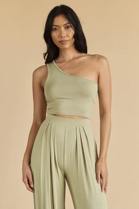 Sage Solid 2pc Modal Crop Top And Pants Set
