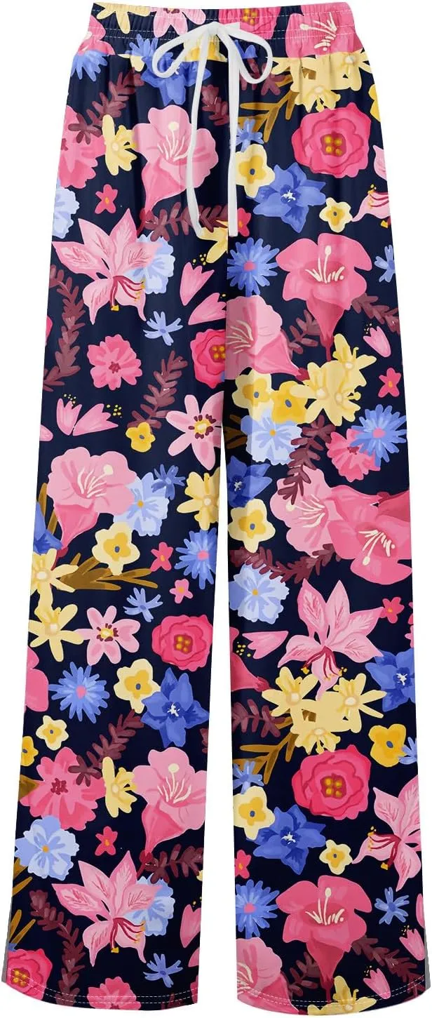Summer Wide Leg Pants High Waistd Beach Palazzo Pants Side Split Drawstring Elastic Waist Floral Print Pockets Trouser