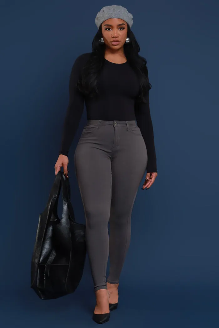Super Swank High Rise Belt Loop Stretchy Skinny Jeans - Dark Grey