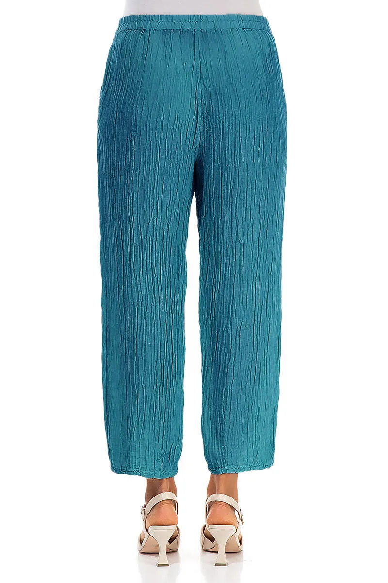 Taper Crinkled Turquoise Silk Trousers