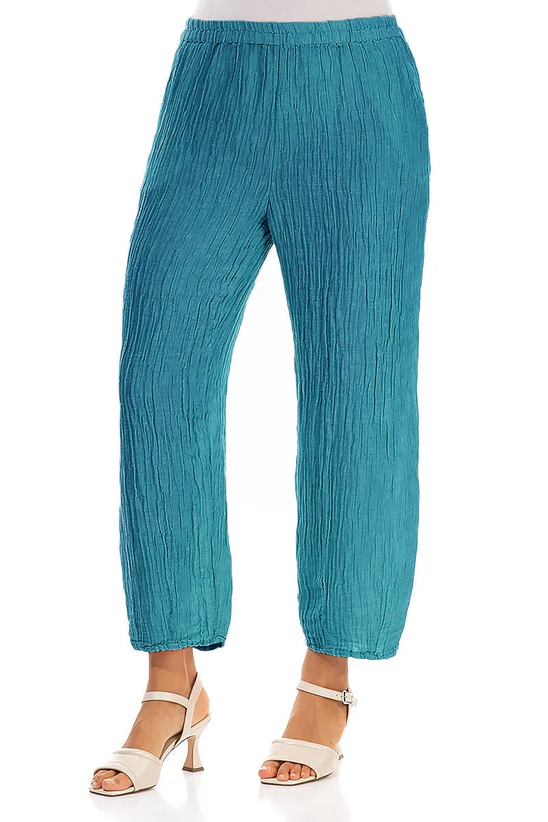 Taper Crinkled Turquoise Silk Trousers