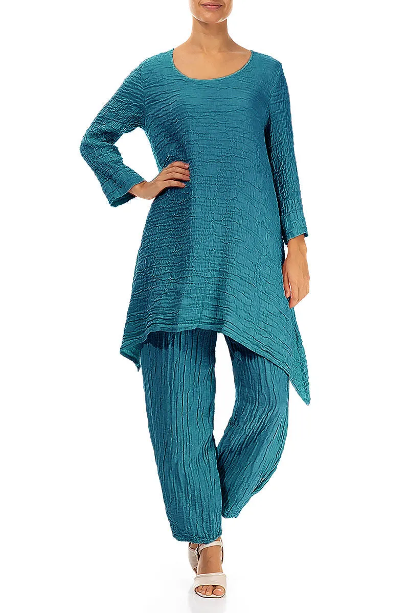 Taper Crinkled Turquoise Silk Trousers
