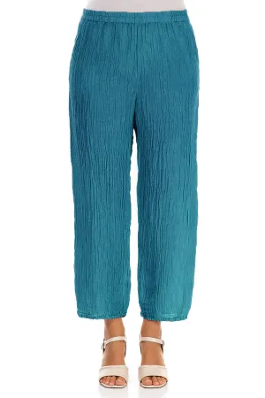 Taper Crinkled Turquoise Silk Trousers