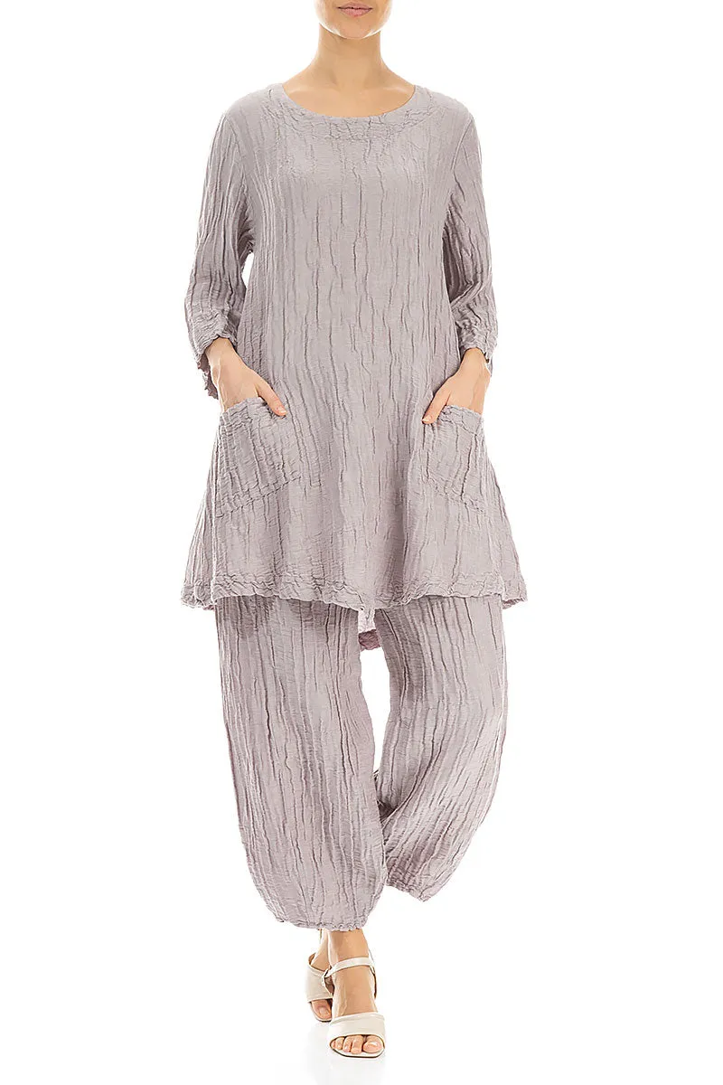 Taper Greige Crinkled Silk Linen Trousers