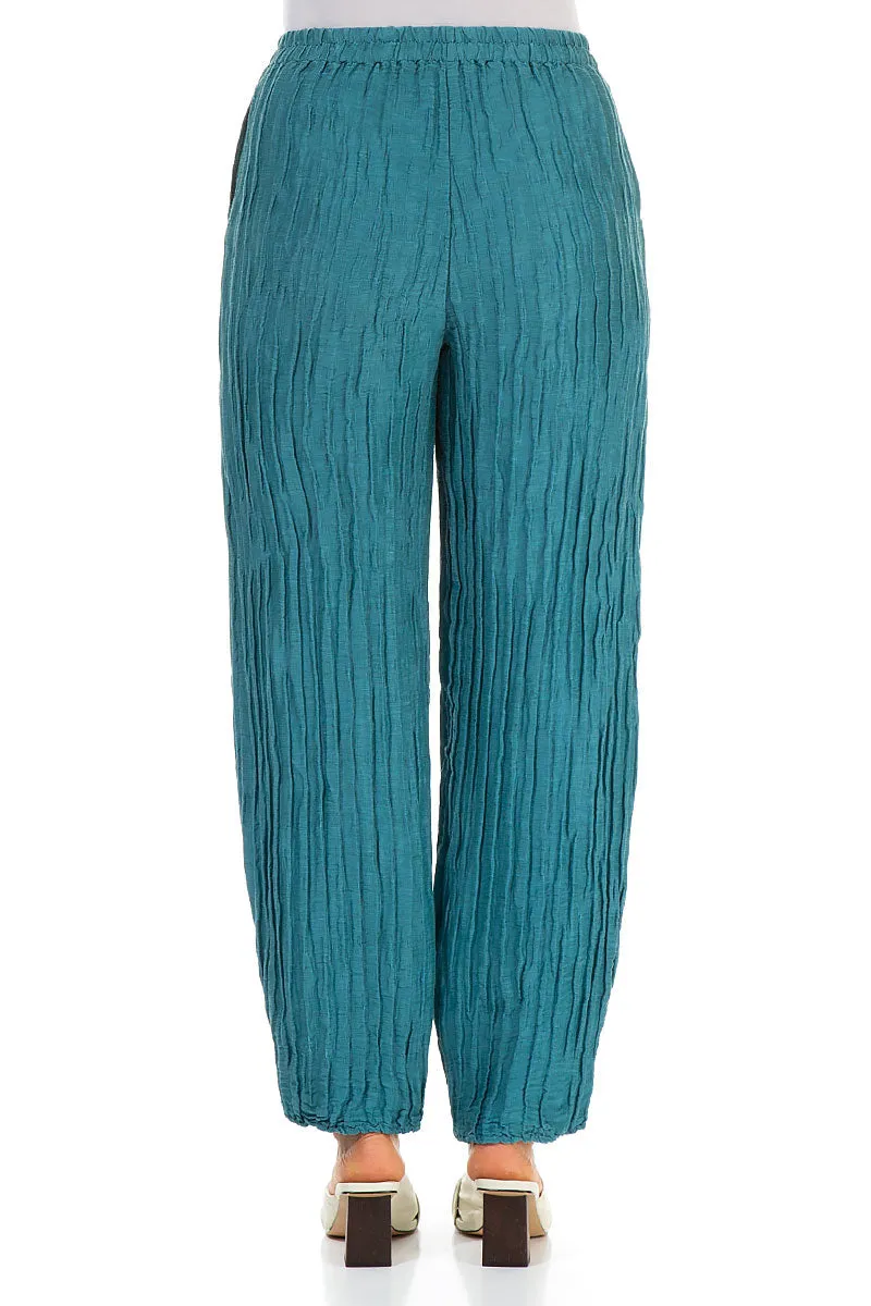 Tapered Barrel Turquoise Crinkled Silk Trousers