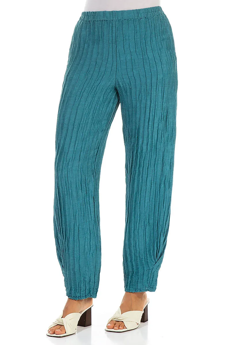 Tapered Barrel Turquoise Crinkled Silk Trousers