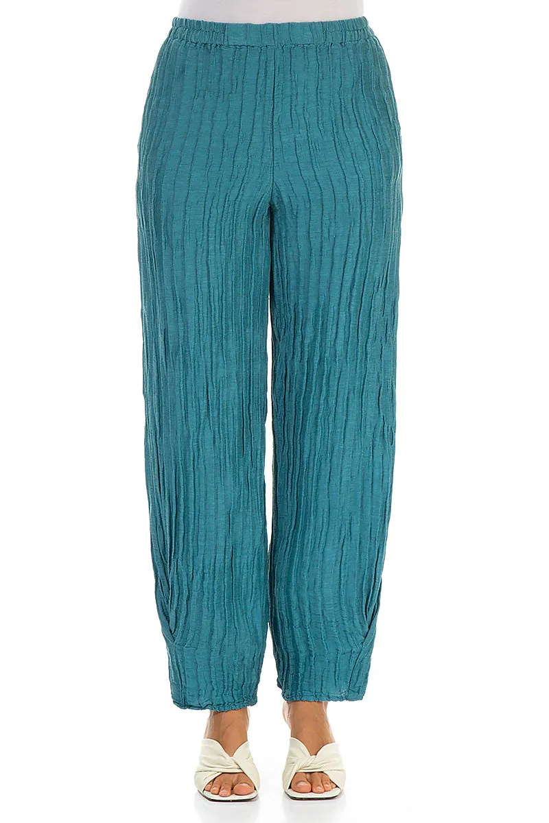Tapered Barrel Turquoise Crinkled Silk Trousers