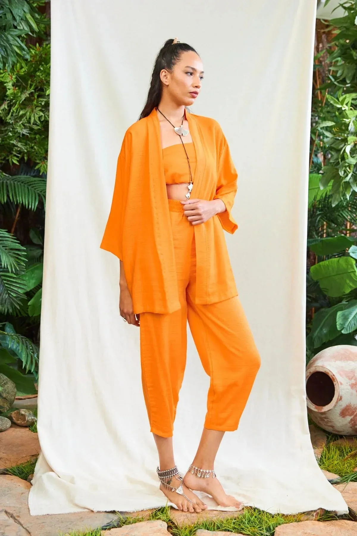 The Champ Clothing  Women'sLinen Kimono Top and Bottom Sets