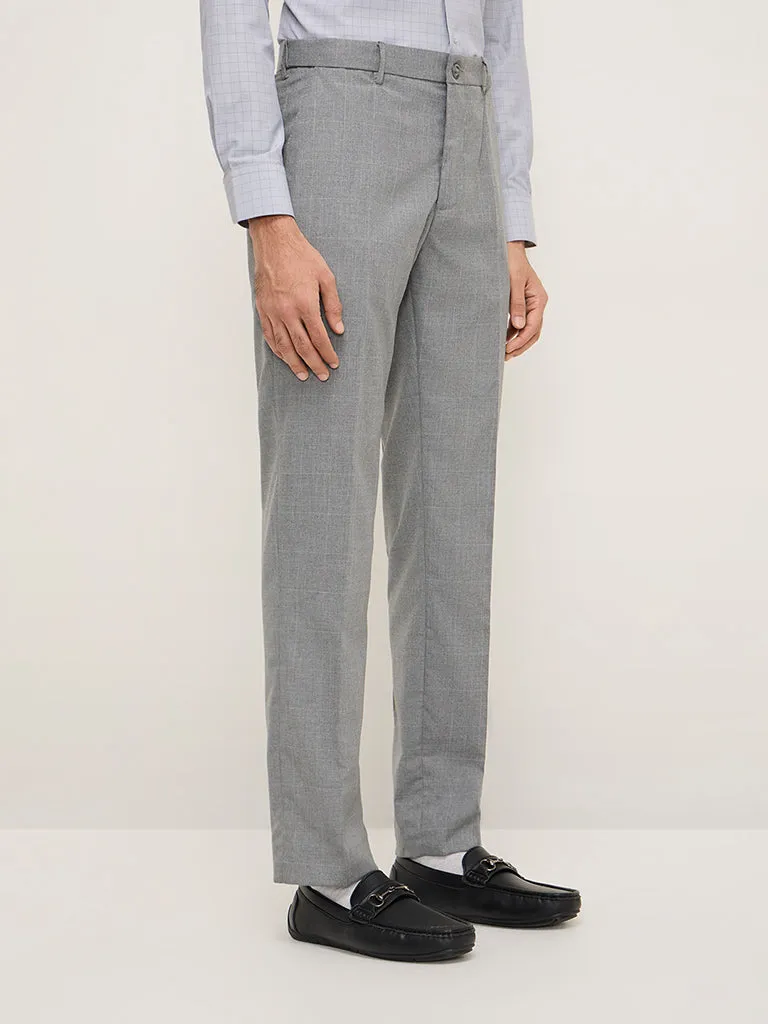 WES Formals Grey Checkered Relaxed-Fit Mid-Rise Trousers